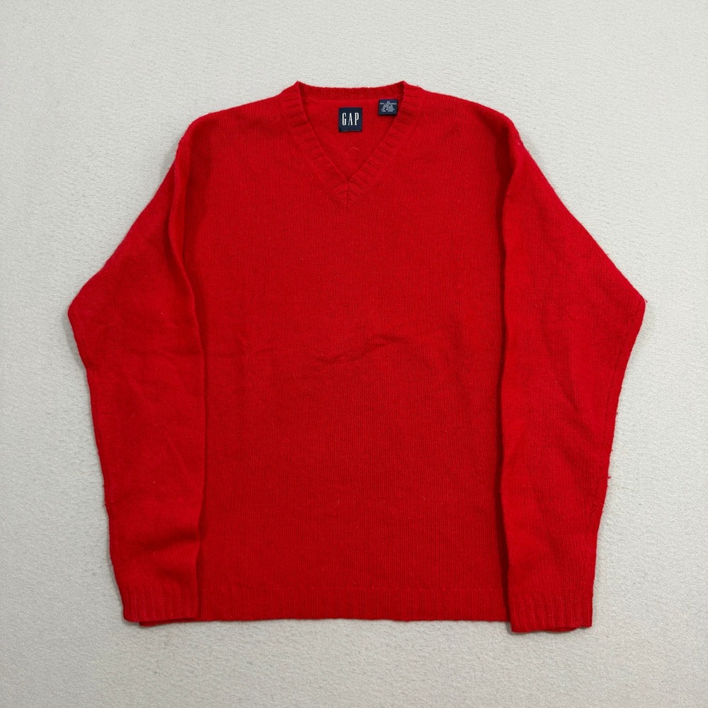 Vintage GAP Sweater Medium Red V-Neck Lambswool Knit Pullover Solid Long Sleeve